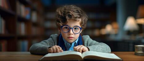 AI generated Young reader in sweater and glasses, absorbed in enchanting story,. AI generative. photo