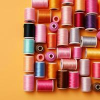 AI generated Top view of colorful sewing threads on pink background, copy For Social Media Post Size photo