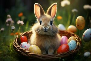 AI generated Easter Sunday scene Cute bunny with colorful eggs, blurry grass photo