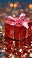 AI generated Tinsel delight Red gift box sparkles with festive holiday allure Vertical Mobile Wallpaper photo