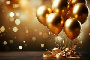 AI generated Golden balloons with ribbons and confetti on bokeh background photo