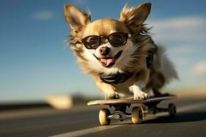 AI generated Pet chihuahua on a skateboard, showcasing its funny and entertaining side photo