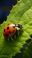 ai generado mariquita explora un verde hojas borde en un delicado equilibrio Actuar vertical móvil fondo de pantalla foto