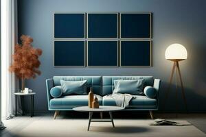 AI generated Mockup frame in a modern living room with blue sofa photo