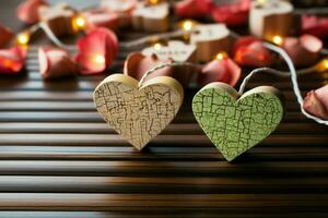 AI generated Text on wooden cubes, a romantic puzzle for Valentines storytelling photo