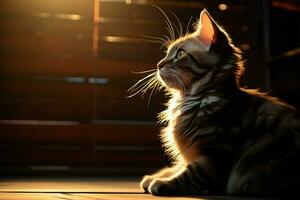 ai generado gatos silueta, destacado por el luz de sol transmisión mediante el ventana foto