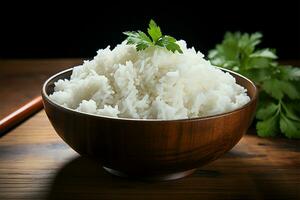 AI generated Organic dining Steamed rice bowl, Asian cuisine on wooden background photo