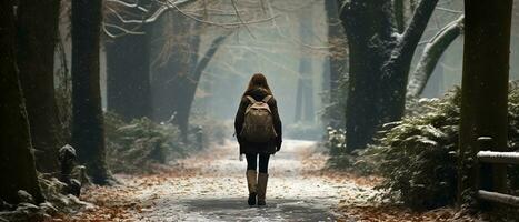 AI generated Photo of a lone hiker, a woman walking through a snow-covered forest, her figure enveloped in fog.