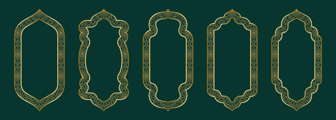 Gold arch frame shape Islamic door or window with geometric girikh pattern, silhouette Arabic arch. Collection in oriental style. Frames in Arabic Muslim design for Ramadan Kareem. Vector illustration