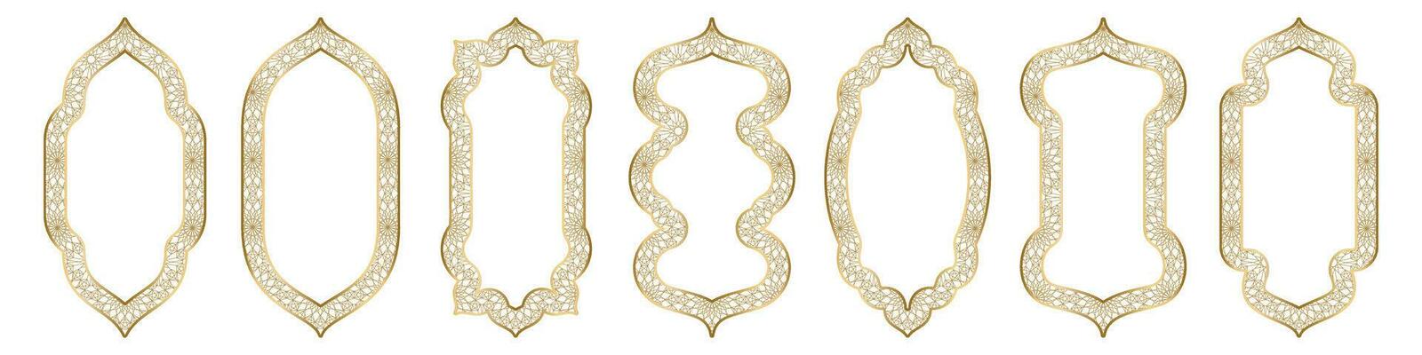Gold arch frame shape Islamic door or window with geometric girikh pattern, silhouette Arabic arch. Collection in oriental style. Frames in Arabic Muslim design for Ramadan Kareem. Vector illustration