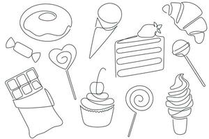 Sweets drawn in one continuous line. One line drawing, minimalism. Vector illustration.