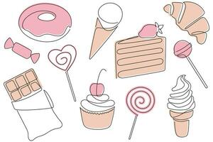 Sweets drawn in one continuous line in color. One line drawing, minimalism. Vector illustration.