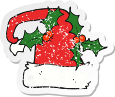 retro distressed sticker of a cartoon christmas holly hat png