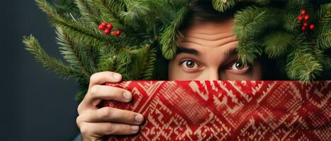 AI generated Playful man hiding behind Christmas tree. AI generative. photo