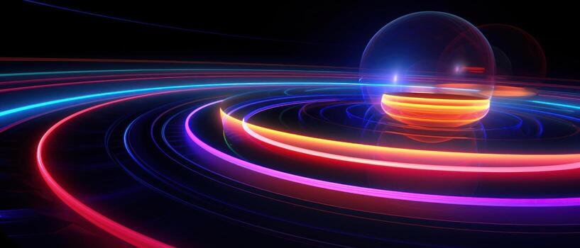 AI generated A mesmerizing blend of neon lights and circular patterns in this abstract background. photo