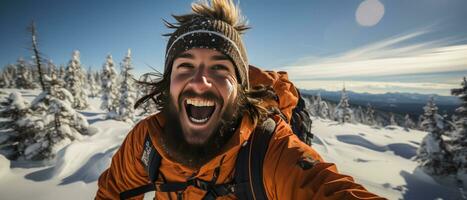 AI generated Lone hiker capturing a moment on his phone, set against a snowy mountain backdrop. photo