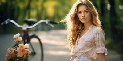 AI generated Graceful young lady with bike, lush foliage backdrop. AI generative. photo