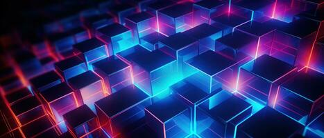 AI generated Bright neon elements and 3D cubes create a modern, tech-savvy atmosphere. photo