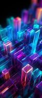 AI generated The bright neon patterns and 3D perspective convey the concept of a virtual world within a concrete jungle. photo