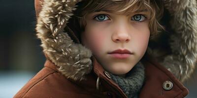 AI generated Warm, inviting image of a boy in a hooded coat. AI generative. photo