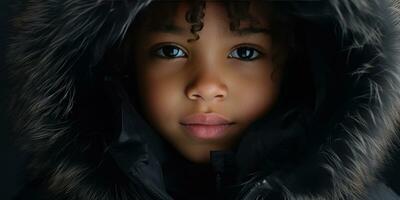 AI generated Close-up of a young black girl in a luxurious fur hooded coat. AI generative. photo