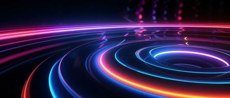 AI generated A mesmerizing blend of neon lights and circular patterns in this abstract background. photo