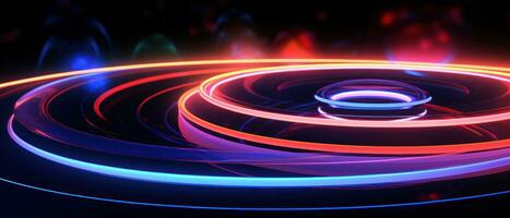 AI generated A mesmerizing blend of neon lights and circular patterns in this abstract background. photo