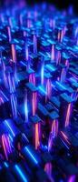 AI generated A visually striking vertical background with an intricate pattern of lines and lights, depicting a high-tech, digital world. photo