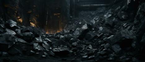 ai generado misterioso cueva con parpadeando fuego, destacando carbón formaciones ai generativo. foto