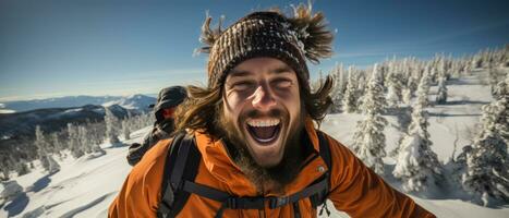 AI generated Lone hiker capturing a moment on his phone, set against a snowy mountain backdrop. photo