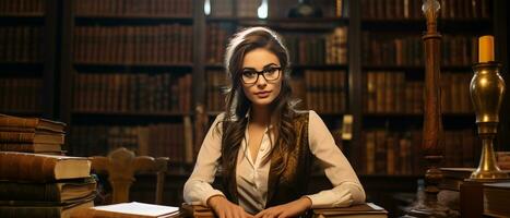 AI generated Trendy female student sitting among bookshelves in an old university library, deeply engrossed in studying. photo