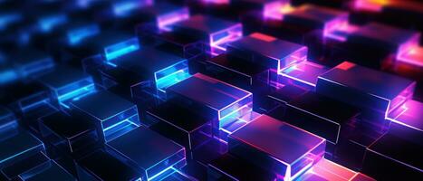 AI generated Bright neon elements and 3D cubes create a modern, tech-savvy atmosphere. photo