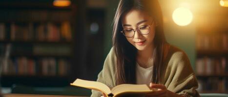 ai generado joven asiático mujer absorto en un libro en un biblioteca. ai generativo. foto