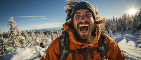 AI generated Lone hiker capturing a moment on his phone, set against a snowy mountain backdrop. photo