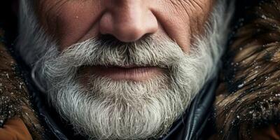 ai generado mayor hombre con blanco barba en piel abrigo. ai generativo. foto