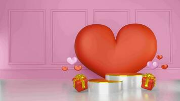la Saint-Valentin journée vente luxe tableau blanc cœur et cadeau boîte rose Contexte 3d illustration avec podium pour votre produit promotion video