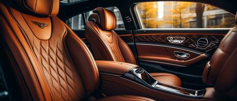AI generated Luxury car interior with tan leather seats, classic elegance. AI generative. photo