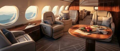 AI generated Opulent private jet interior, sleek table, elegant chairs. AI generative. photo