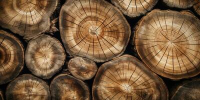 Wooden natural sawn logs as background.  AI generative. photo