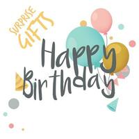 Happy birthday text vector template design. Birthday greeting in circle space for typography with cake and balloons party decoration elements in pattern background. Vector Illustration.