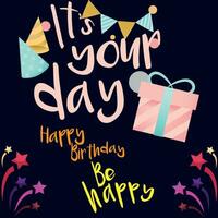 Happy birthday text vector template design. Birthday greeting in circle space for typography with cake and balloons party decoration elements in pattern background. Vector Illustration.