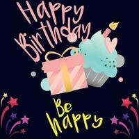 Happy birthday text vector template design. Birthday greeting in circle space for typography with cake and balloons party decoration elements in pattern background. Vector Illustration.