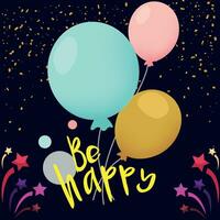 Happy birthday text vector template design. Birthday greeting in circle space for typography with cake and balloons party decoration elements in pattern background. Vector Illustration.