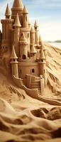 AI generated Bright and cheerful image of a sandy beach with a sandcastle. photo