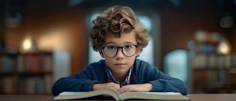 AI generated Young reader in sweater and glasses, absorbed in enchanting story,. AI generative. photo