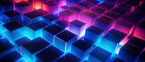 AI generated Bright neon elements and 3D cubes create a modern, tech-savvy atmosphere. photo