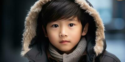 AI generated Close-up of a young Asian boy in winter attire. AI generative. photo