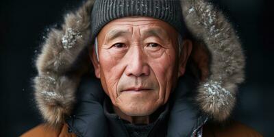 ai generado asiático mayor hombre en invierno atuendo, con gorro y chaqueta. ai generativo. foto