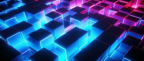 AI generated Bright neon elements and 3D cubes create a modern, tech-savvy atmosphere. photo