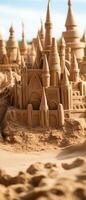 AI generated Bright and cheerful image of a sandy beach with a sandcastle. photo